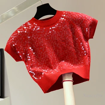 Красный свитер с тяжелой вышивкой пайетками и короткими рукавами, женский осенний Новинка 2023, Корейский стиль, Для Похудения, Высокая талия, Короткий топ с круглым вырезом