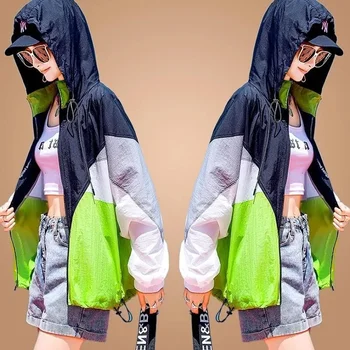 Лето 2023, Новая Корейская Свободная Солнцезащитная одежда с цветным блоком, Модная Дышащая Солнцезащитная одежда, Женский Тонкий Стиль
