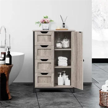 Деревянный напольный шкаф для ванной комнаты высотой 32,5 дюйма, Органайзер для хранения с 4 ящиками, серый