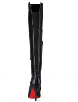 Осенне-зимние женские сапоги из тонкой кожи на высоком тонком каблуке-трубочке 2021 г., Сапоги выше колена с острым носком, черный ремешок